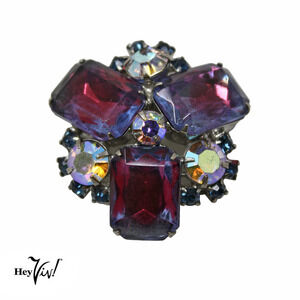 Vintage Iridescent Purple & Blue Rhinestone Cluster Pin Brooch 1.5" - Hey Viv